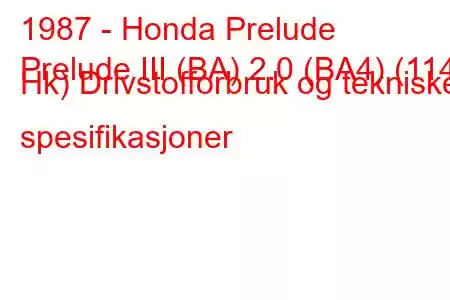 1987 - Honda Prelude
Prelude III (BA) 2.0 (BA4) (114 Hk) Drivstofforbruk og tekniske spesifikasjoner