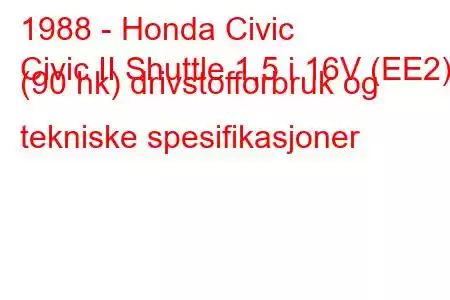 1988 - Honda Civic
Civic II Shuttle 1,5 i 16V (EE2) (90 hk) drivstofforbruk og tekniske spesifikasjoner