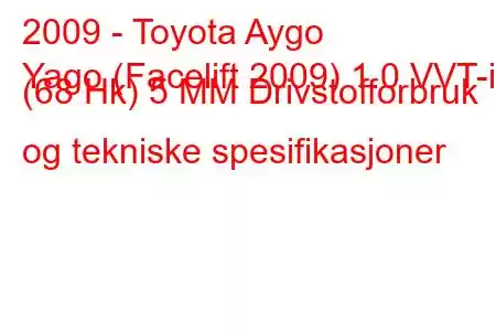 2009 - Toyota Aygo
Yago (Facelift 2009) 1.0 VVT-i (68 Hk) 5 МM Drivstofforbruk og tekniske spesifikasjoner