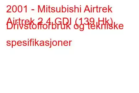 2001 - Mitsubishi Airtrek
Airtrek 2.4 GDI (139 Hk) Drivstofforbruk og tekniske spesifikasjoner