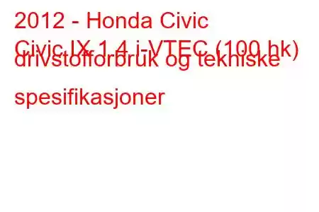 2012 - Honda Civic
Civic IX 1.4 i-VTEC (100 hk) drivstofforbruk og tekniske spesifikasjoner