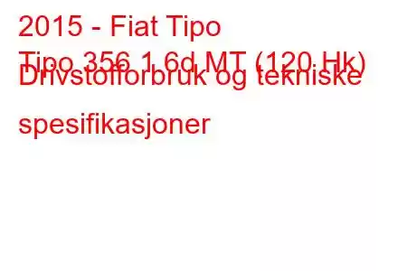 2015 - Fiat Tipo
Tipo 356 1.6d MT (120 Hk) Drivstofforbruk og tekniske spesifikasjoner