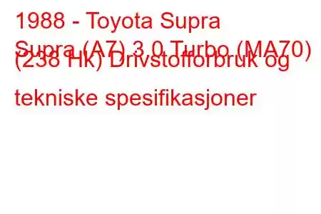 1988 - Toyota Supra
Supra (A7) 3.0 Turbo (MA70) (238 Hk) Drivstofforbruk og tekniske spesifikasjoner