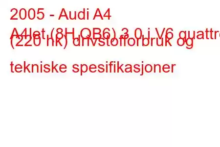 2005 - Audi A4
A4let (8H,QB6) 3.0 i V6 quattro (220 hk) drivstofforbruk og tekniske spesifikasjoner