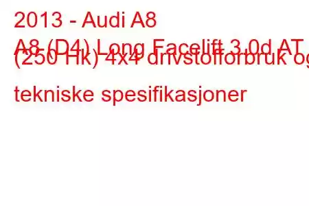 2013 - Audi A8
A8 (D4) Long Facelift 3.0d AT (250 Hk) 4x4 drivstofforbruk og tekniske spesifikasjoner