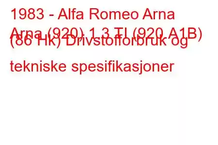 1983 - Alfa Romeo Arna
Arna (920) 1.3 TI (920.A1B) (86 Hk) Drivstofforbruk og tekniske spesifikasjoner