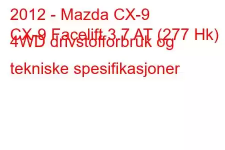 2012 - Mazda CX-9
CX-9 Facelift 3.7 AT (277 Hk) 4WD drivstofforbruk og tekniske spesifikasjoner