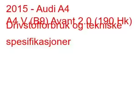 2015 - Audi A4
A4 V (B9) Avant 2.0 (190 Hk) Drivstofforbruk og tekniske spesifikasjoner