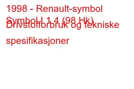 1998 - Renault-symbol
Symbol I 1.4 (98 Hk) Drivstofforbruk og tekniske spesifikasjoner