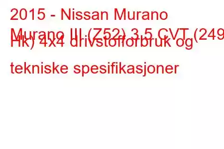 2015 - Nissan Murano
Murano III (Z52) 3,5 CVT (249 Hk) 4x4 drivstofforbruk og tekniske spesifikasjoner