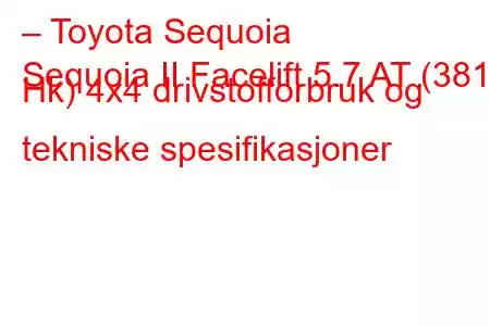 – Toyota Sequoia
Sequoia II Facelift 5.7 AT (381 Hk) 4x4 drivstofforbruk og tekniske spesifikasjoner