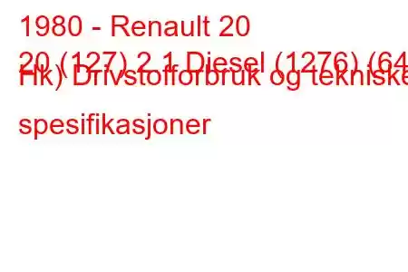 1980 - Renault 20
20 (127) 2.1 Diesel (1276) (64 Hk) Drivstofforbruk og tekniske spesifikasjoner