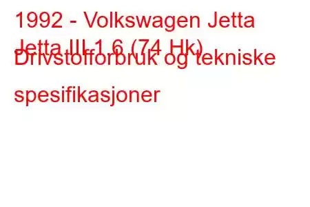 1992 - Volkswagen Jetta
Jetta III 1.6 (74 Hk) Drivstofforbruk og tekniske spesifikasjoner