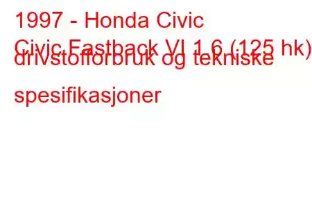 1997 - Honda Civic
Civic Fastback VI 1.6 (125 hk) drivstofforbruk og tekniske spesifikasjoner