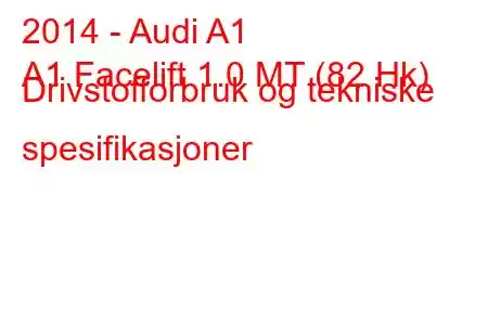 2014 - Audi A1
A1 Facelift 1.0 MT (82 Hk) Drivstofforbruk og tekniske spesifikasjoner