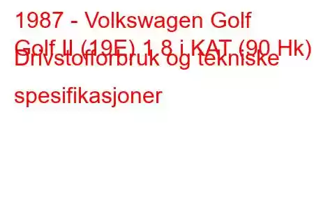 1987 - Volkswagen Golf
Golf II (19E) 1.8 i KAT (90 Hk) Drivstofforbruk og tekniske spesifikasjoner