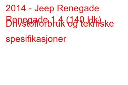 2014 - Jeep Renegade
Renegade 1.4 (140 Hk) Drivstofforbruk og tekniske spesifikasjoner