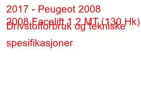 2017 - Peugeot 2008
2008 Facelift 1.2 MT (130 Hk) Drivstofforbruk og tekniske spesifikasjoner