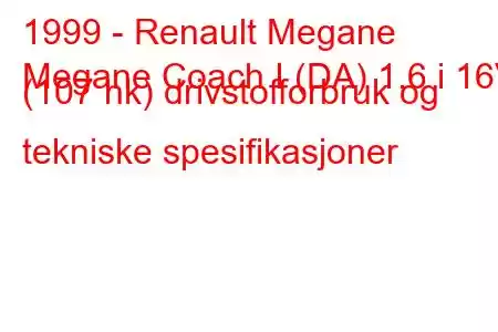 1999 - Renault Megane
Megane Coach I (DA) 1.6 i 16V (107 hk) drivstofforbruk og tekniske spesifikasjoner