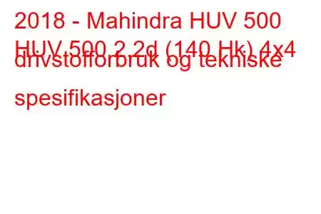 2018 - Mahindra HUV 500
HUV 500 2.2d (140 Hk) 4x4 drivstofforbruk og tekniske spesifikasjoner