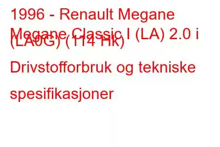 1996 - Renault Megane
Megane Classic I (LA) 2.0 i (LA0G) (114 Hk) Drivstofforbruk og tekniske spesifikasjoner