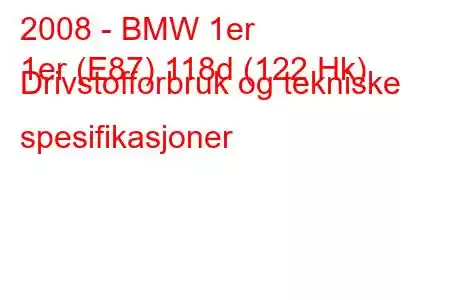 2008 - BMW 1er
1er (E87) 118d (122 Hk) Drivstofforbruk og tekniske spesifikasjoner