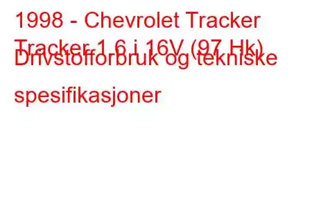 1998 - Chevrolet Tracker
Tracker 1.6 i 16V (97 Hk) Drivstofforbruk og tekniske spesifikasjoner