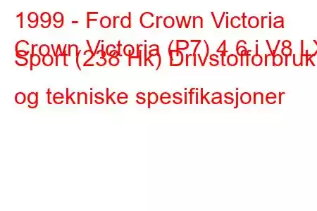 1999 - Ford Crown Victoria
Crown Victoria (P7) 4.6 i V8 LX Sport (238 Hk) Drivstofforbruk og tekniske spesifikasjoner