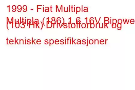 1999 - Fiat Multipla
Multipla (186) 1,6 16V Bipower (103 Hk) Drivstofforbruk og tekniske spesifikasjoner