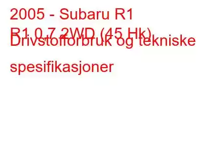 2005 - Subaru R1
R1 0,7 2WD (45 Hk) Drivstofforbruk og tekniske spesifikasjoner