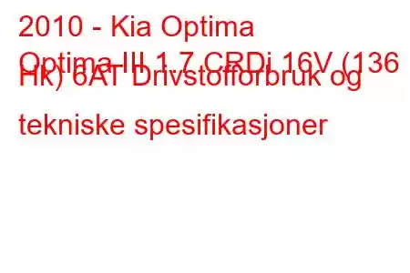 2010 - Kia Optima
Optima III 1.7 CRDi 16V (136 Hk) 6AT Drivstofforbruk og tekniske spesifikasjoner