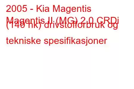 2005 - Kia Magentis
Magentis II (MG) 2.0 CRDi (140 hk) drivstofforbruk og tekniske spesifikasjoner