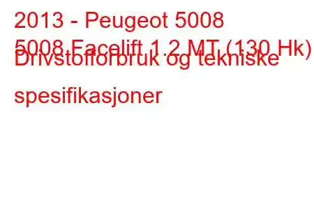 2013 - Peugeot 5008
5008 Facelift 1.2 MT (130 Hk) Drivstofforbruk og tekniske spesifikasjoner