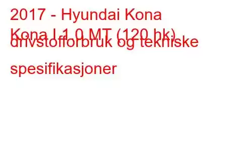 2017 - Hyundai Kona
Kona I 1.0 MT (120 hk) drivstofforbruk og tekniske spesifikasjoner