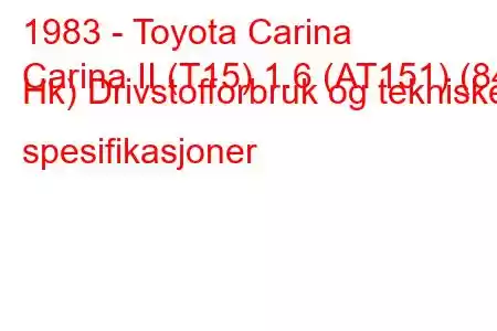 1983 - Toyota Carina
Carina II (T15) 1.6 (AT151) (84 Hk) Drivstofforbruk og tekniske spesifikasjoner