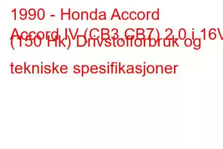 1990 - Honda Accord
Accord IV (CB3,CB7) 2.0 i 16V (150 Hk) Drivstofforbruk og tekniske spesifikasjoner