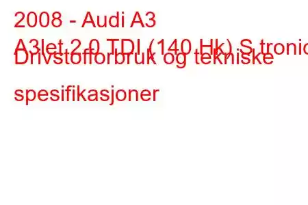 2008 - Audi A3
A3let 2.0 TDI (140 Hk) S tronic Drivstofforbruk og tekniske spesifikasjoner