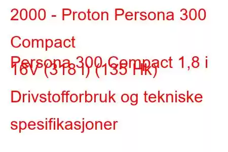 2000 - Proton Persona 300 Compact
Persona 300 Compact 1,8 i 16V (318 i) (135 Hk) Drivstofforbruk og tekniske spesifikasjoner