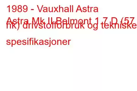 1989 - Vauxhall Astra
Astra Mk II Belmont 1.7 D (57 hk) drivstofforbruk og tekniske spesifikasjoner