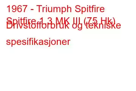 1967 - Triumph Spitfire
Spitfire 1.3 MK III (75 Hk) Drivstofforbruk og tekniske spesifikasjoner