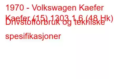 1970 - Volkswagen Kaefer
Kaefer (15) 1303 1,6 (48 Hk) Drivstofforbruk og tekniske spesifikasjoner