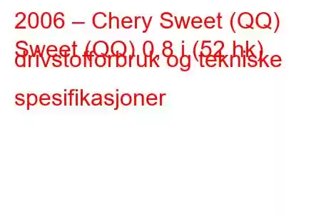 2006 – Chery Sweet (QQ)
Sweet (QQ) 0,8 i (52 hk) drivstofforbruk og tekniske spesifikasjoner