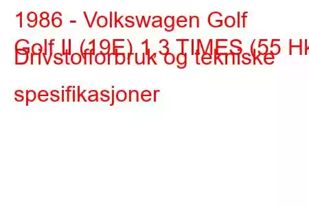 1986 - Volkswagen Golf
Golf II (19E) 1,3 TIMES (55 Hk) Drivstofforbruk og tekniske spesifikasjoner