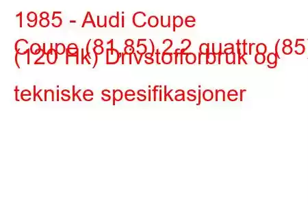 1985 - Audi Coupe
Coupe (81,85) 2,2 quattro (85) (120 Hk) Drivstofforbruk og tekniske spesifikasjoner