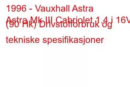 1996 - Vauxhall Astra
Astra Mk III Cabriolet 1.4 i 16V (90 Hk) Drivstofforbruk og tekniske spesifikasjoner