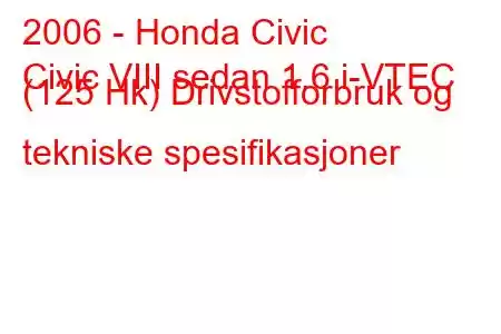 2006 - Honda Civic
Civic VIII sedan 1.6 i-VTEC (125 Hk) Drivstofforbruk og tekniske spesifikasjoner