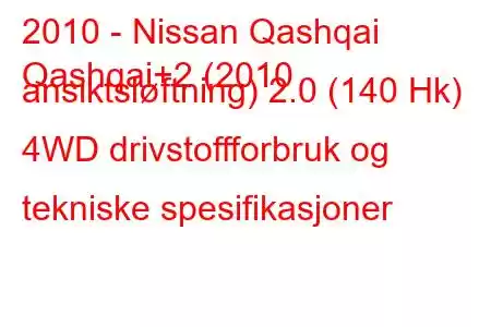 2010 - Nissan Qashqai
Qashqai+2 (2010 ansiktsløftning) 2.0 (140 Hk) 4WD drivstoffforbruk og tekniske spesifikasjoner