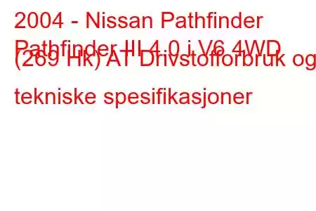 2004 - Nissan Pathfinder
Pathfinder III 4.0 i V6 4WD (269 Hk) AT Drivstofforbruk og tekniske spesifikasjoner