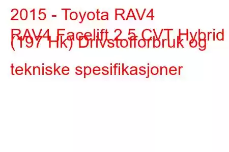 2015 - Toyota RAV4
RAV4 Facelift 2.5 CVT Hybrid (197 Hk) Drivstofforbruk og tekniske spesifikasjoner