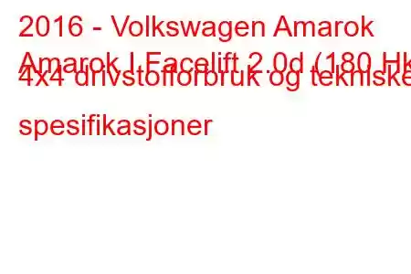 2016 - Volkswagen Amarok
Amarok I Facelift 2.0d (180 Hk) 4x4 drivstofforbruk og tekniske spesifikasjoner